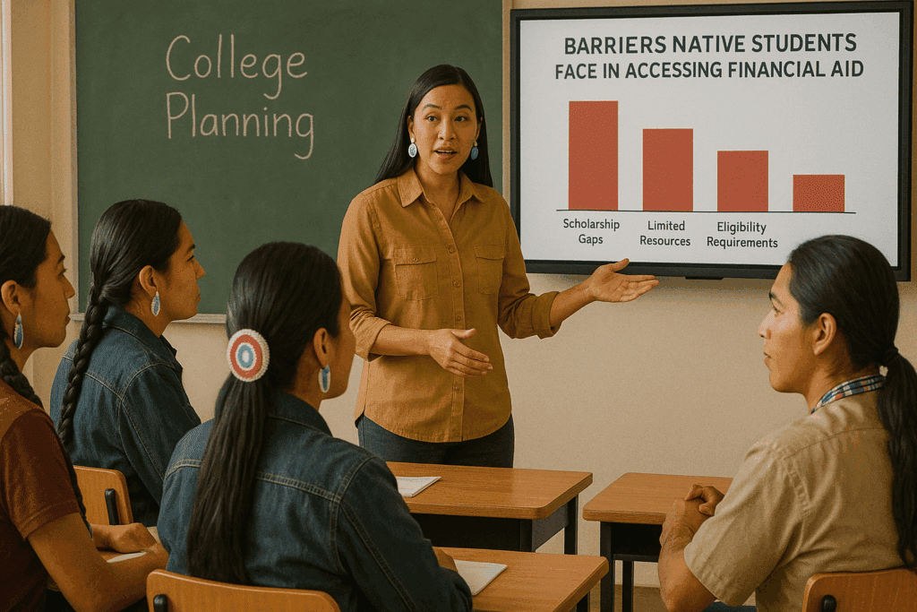 Counselor teaching class about Native American college scholarships